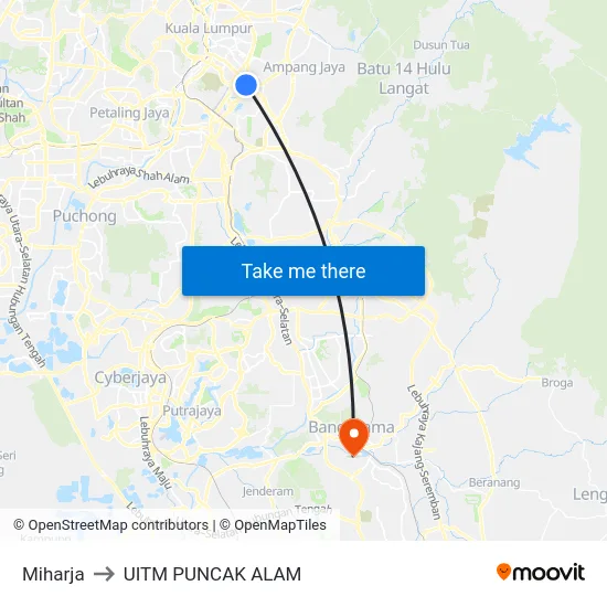 Miharja to UITM PUNCAK ALAM map