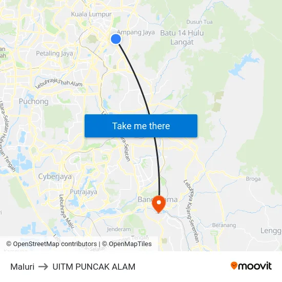 Maluri to UITM PUNCAK ALAM map