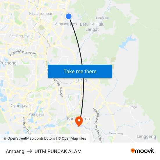 Ampang to UITM PUNCAK ALAM map