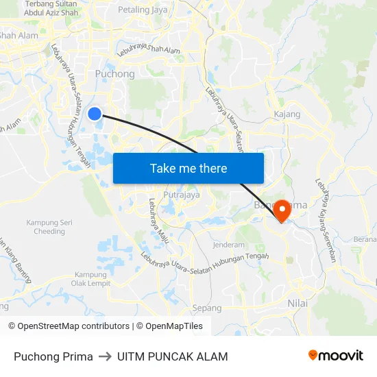 Puchong Prima to UITM PUNCAK ALAM map