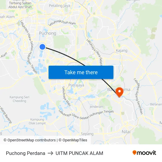 Puchong Perdana to UITM PUNCAK ALAM map