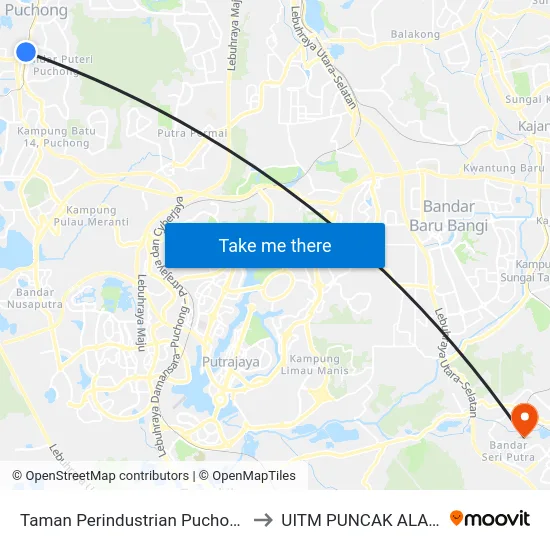 Taman Perindustrian Puchong to UITM PUNCAK ALAM map