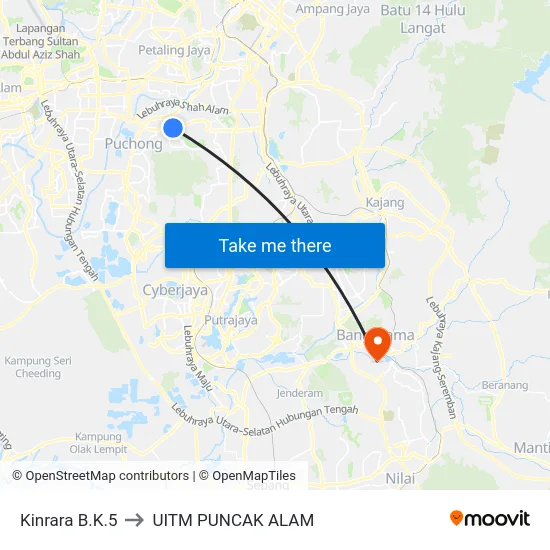 Kinrara B.K.5 to UITM PUNCAK ALAM map