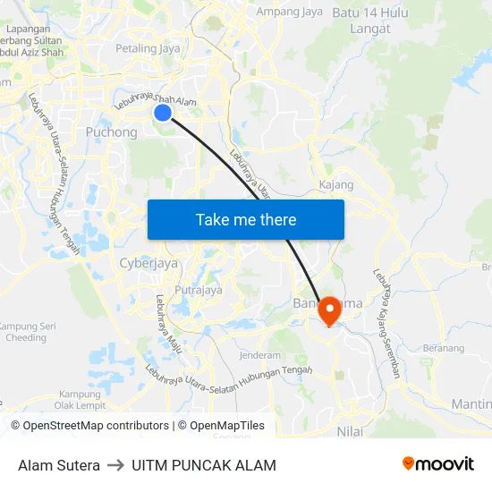 Alam Sutera to UITM PUNCAK ALAM map