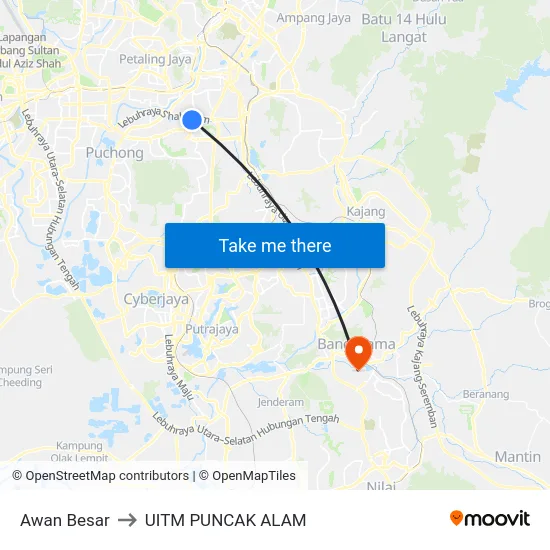 Awan Besar to UITM PUNCAK ALAM map