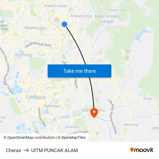 Cheras to UITM PUNCAK ALAM map