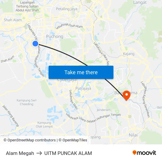 Alam Megah to UITM PUNCAK ALAM map