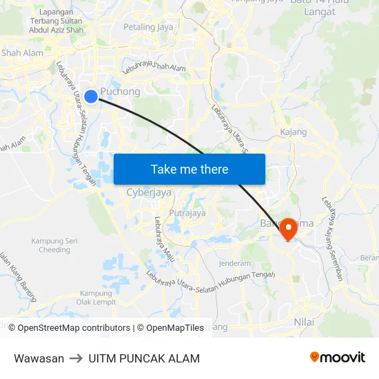 Wawasan to UITM PUNCAK ALAM map