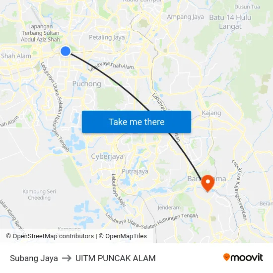 Subang Jaya to UITM PUNCAK ALAM map