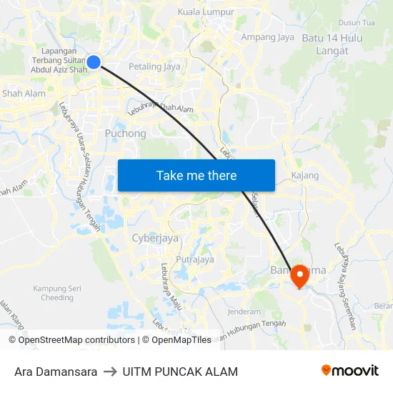 Ara Damansara to UITM PUNCAK ALAM map