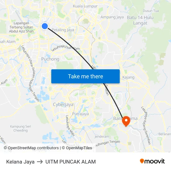Kelana Jaya to UITM PUNCAK ALAM map