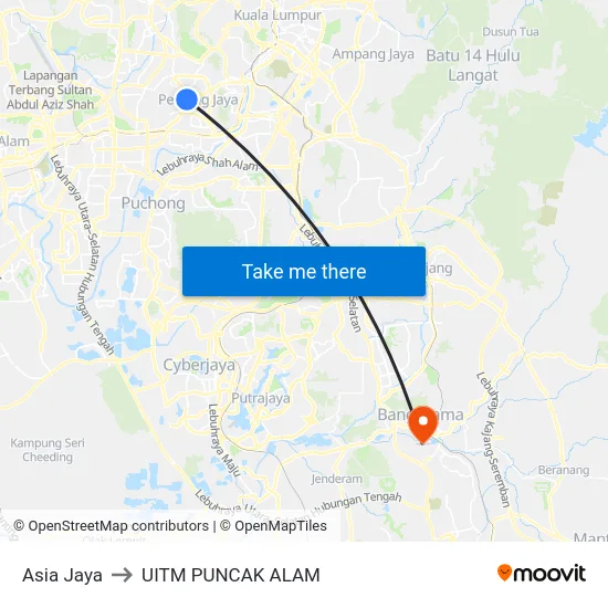 Asia Jaya to UITM PUNCAK ALAM map