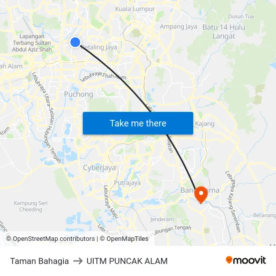 Taman Bahagia to UITM PUNCAK ALAM map