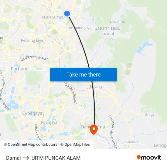 Damai to UITM PUNCAK ALAM map