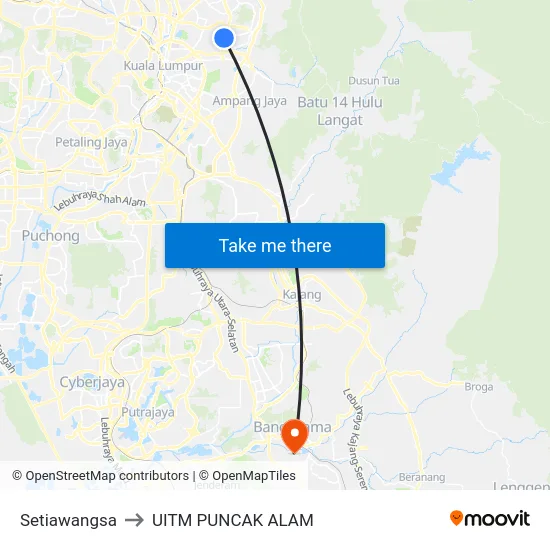 Setiawangsa to UITM PUNCAK ALAM map