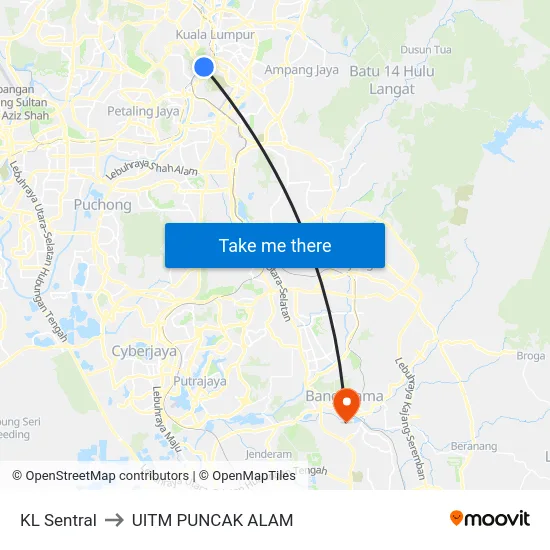 KL Sentral to UITM PUNCAK ALAM map
