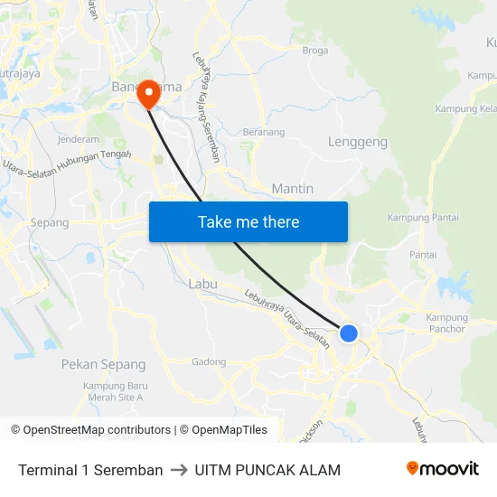Terminal 1 Seremban to UITM PUNCAK ALAM map