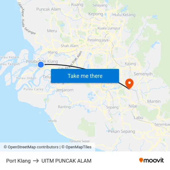Port Klang to UITM PUNCAK ALAM map
