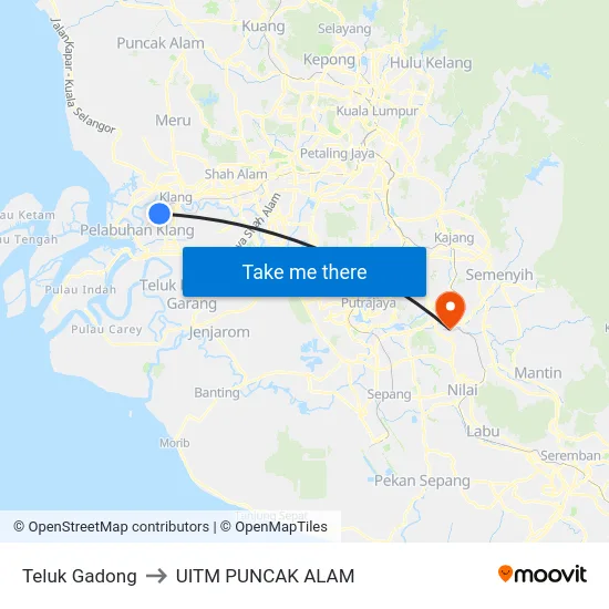 Teluk Gadong to UITM PUNCAK ALAM map