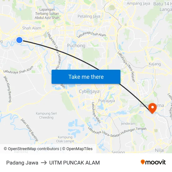 Padang Jawa to UITM PUNCAK ALAM map