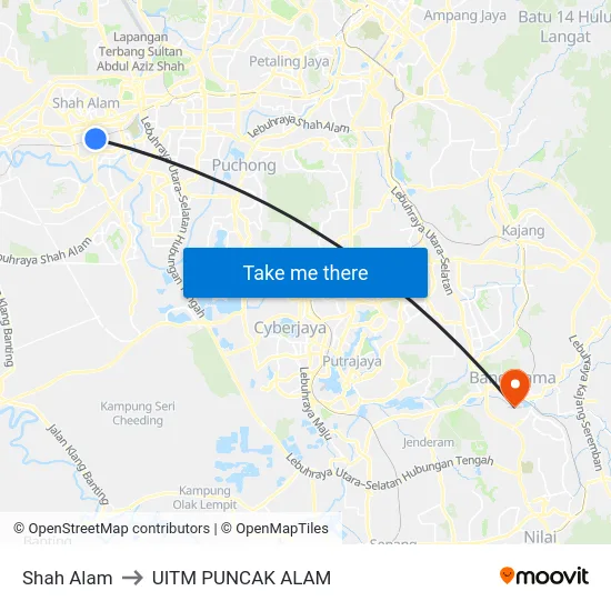 Shah Alam to UITM PUNCAK ALAM map
