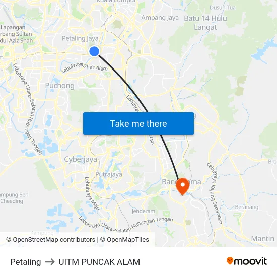 Petaling to UITM PUNCAK ALAM map