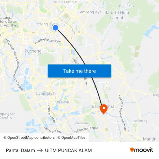 Pantai Dalam to UITM PUNCAK ALAM map