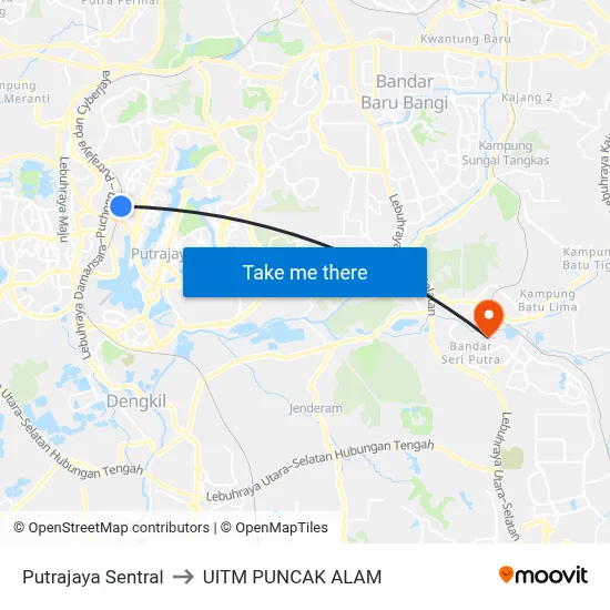 Putrajaya Sentral to UITM PUNCAK ALAM map