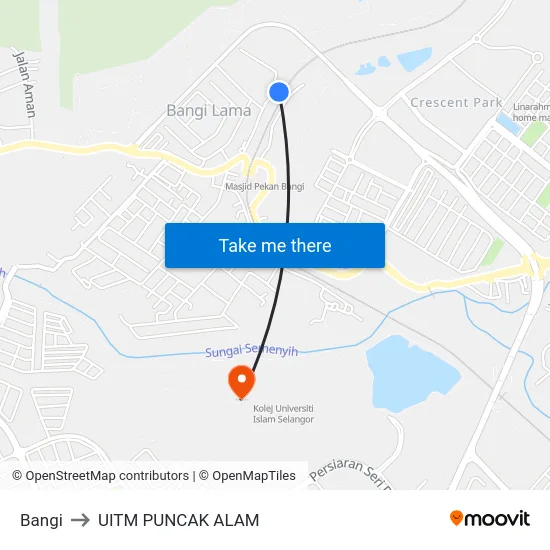 Bangi to UITM PUNCAK ALAM map