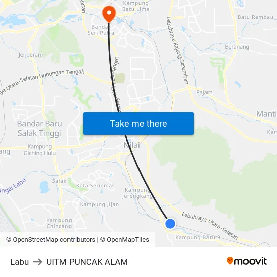 Labu to UITM PUNCAK ALAM map