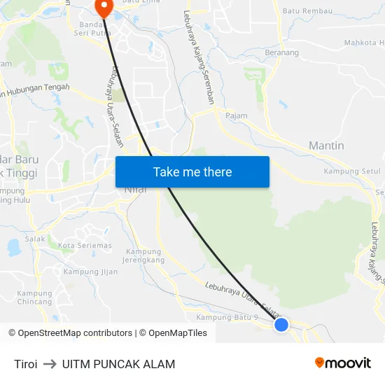 Tiroi to UITM PUNCAK ALAM map