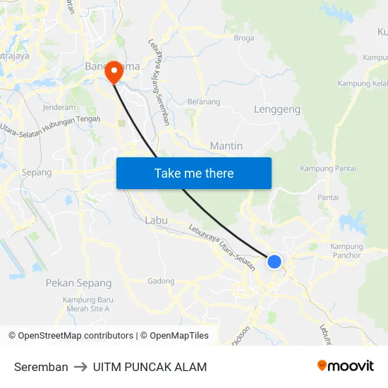 Seremban to UITM PUNCAK ALAM map
