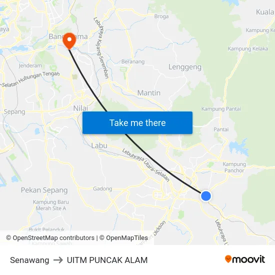 Senawang to UITM PUNCAK ALAM map