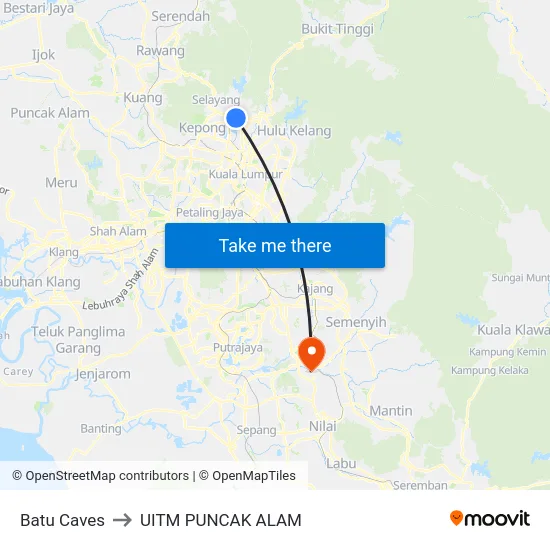 Batu Caves to UITM PUNCAK ALAM map