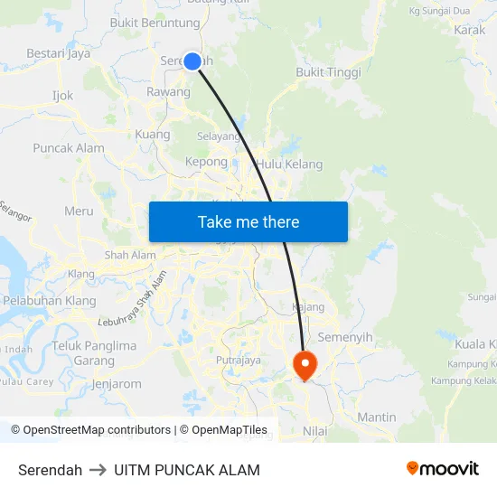 Serendah to UITM PUNCAK ALAM map