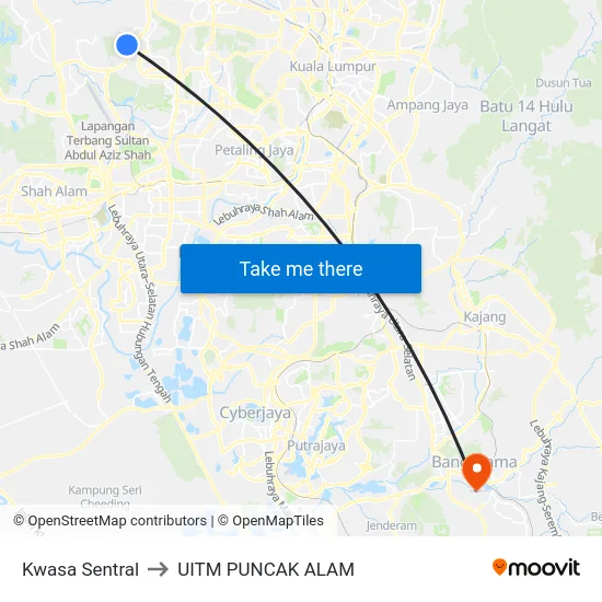 Kwasa Sentral to UITM PUNCAK ALAM map
