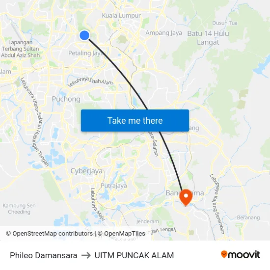 Phileo Damansara to UITM PUNCAK ALAM map