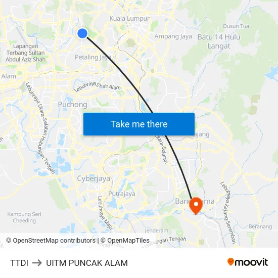 TTDI to UITM PUNCAK ALAM map