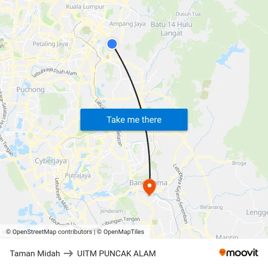 Taman Midah to UITM PUNCAK ALAM map