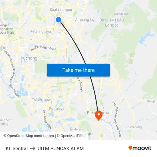 KL Sentral to UITM PUNCAK ALAM map