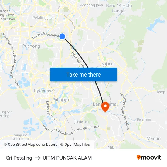 Sri Petaling to UITM PUNCAK ALAM map