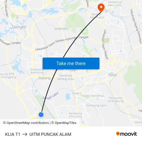 KLIA T1 to UITM PUNCAK ALAM map