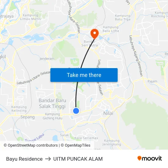Bayu Residence to UITM PUNCAK ALAM map
