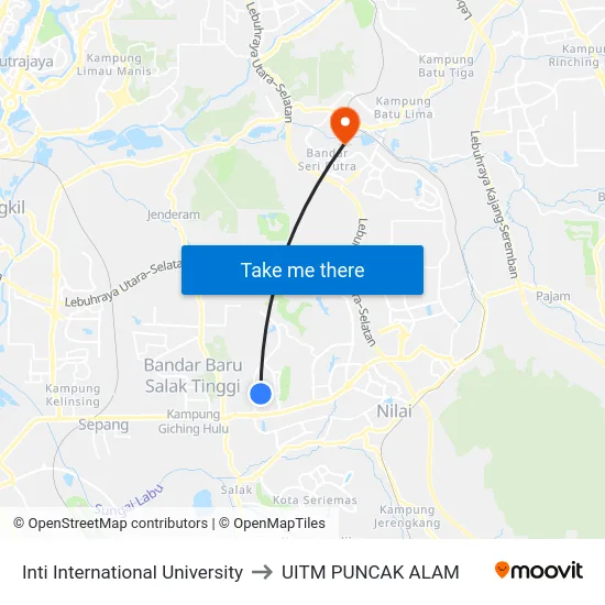 Inti International University to UITM PUNCAK ALAM map