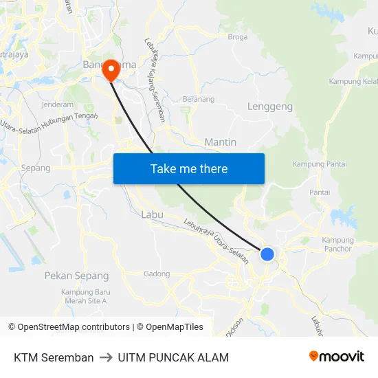 KTM Seremban to UITM PUNCAK ALAM map
