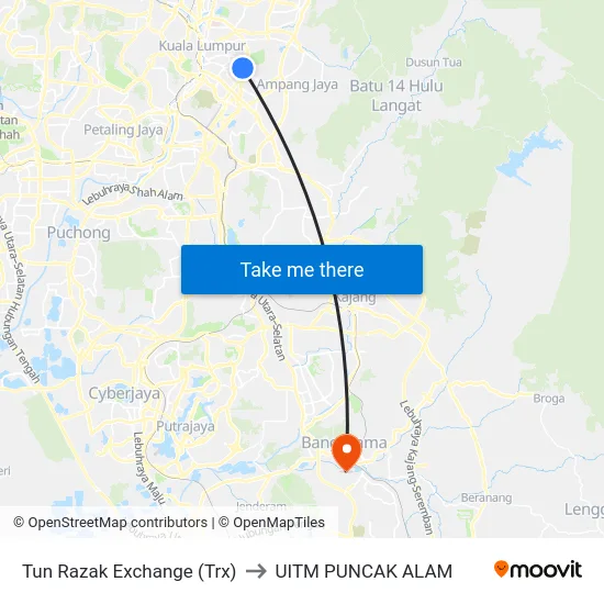 Tun Razak Exchange (Trx) to UITM PUNCAK ALAM map