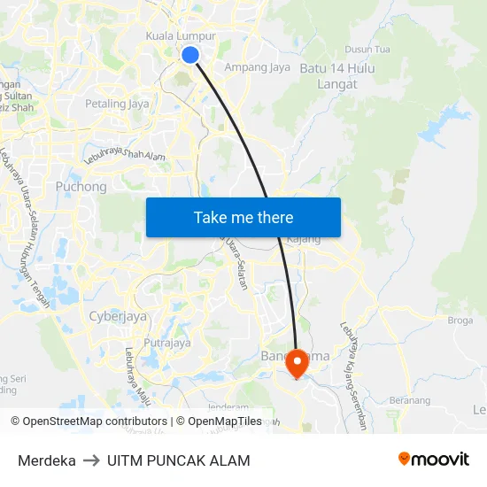 Merdeka to UITM PUNCAK ALAM map