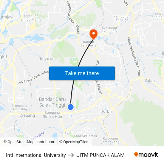 Inti International University to UITM PUNCAK ALAM map