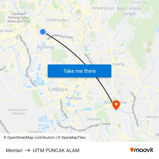 Mentari to UITM PUNCAK ALAM map