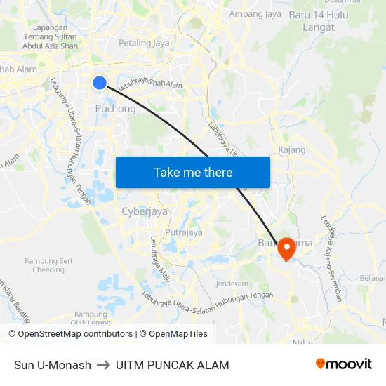 Sun U-Monash to UITM PUNCAK ALAM map